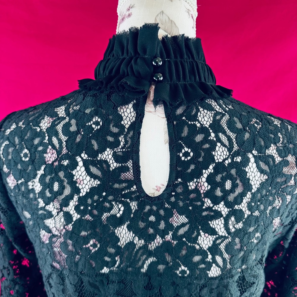 TUCKERNUCK Black Lace Ruffle Peplum Myla Top Mock Neck Long Sleeve Blouse XS - Picture 6 of 17